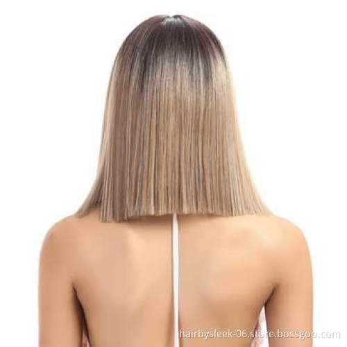Shakia Baby Pink Ombre Middle Part Blunt Cut 14 Inches Short Bob Straight Hair Synthetic Lace Front Wigs for black woman